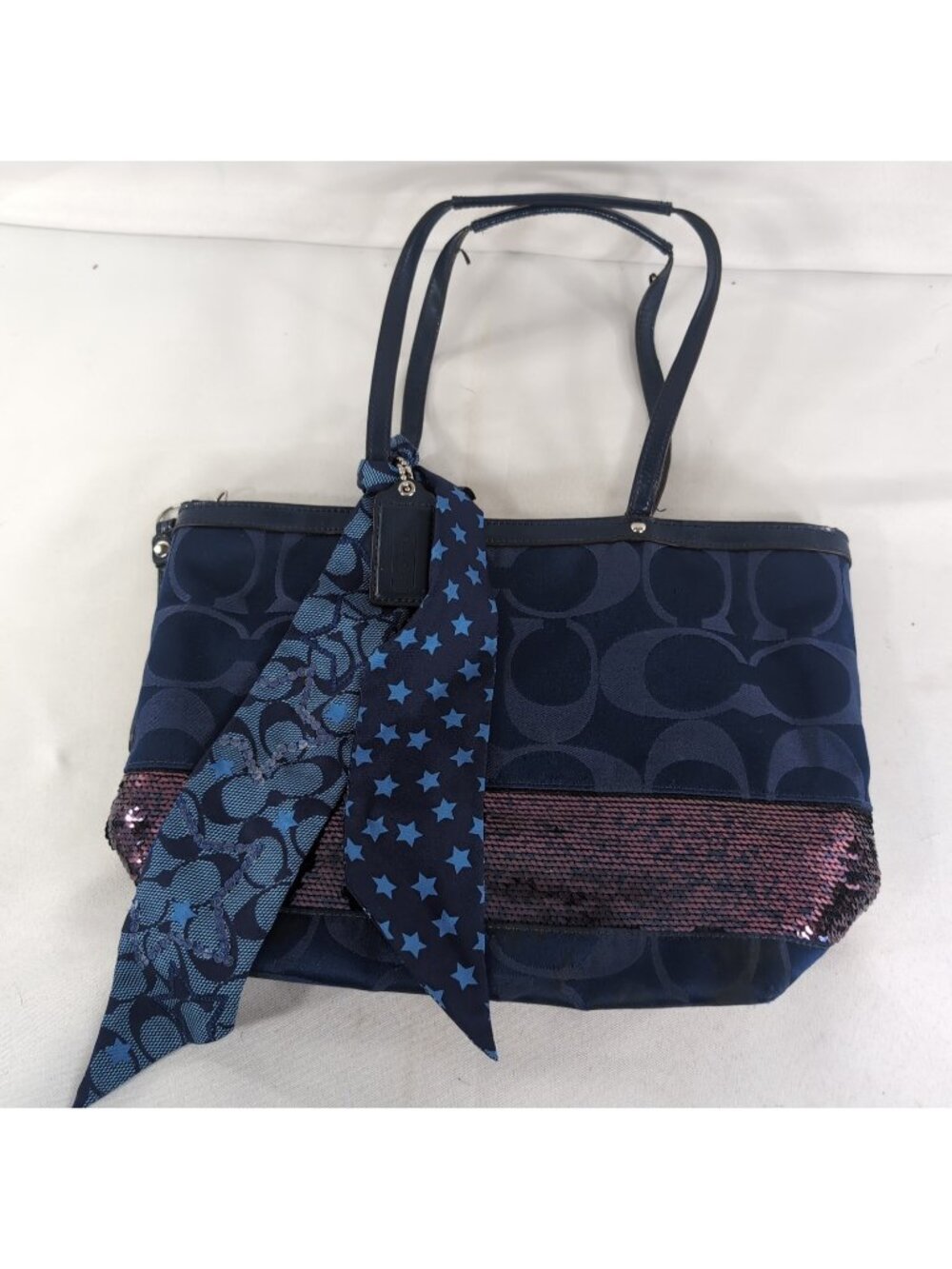 Coach Navy Blue F17574 Star Sequin SCARF Canvas Monogram Y2K Shoulder Bag Purse